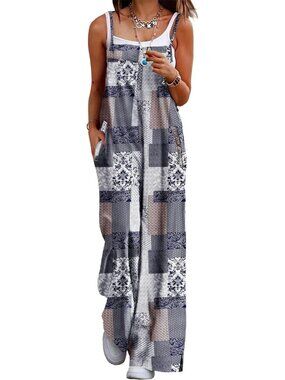 Women's Grey White Summer Bohemian Floral Jumpsuits Wide Leg Romper Sleeveless